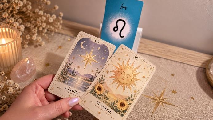 Nina tenant deux cartes de tarot, L'Étoile et Le Soleil